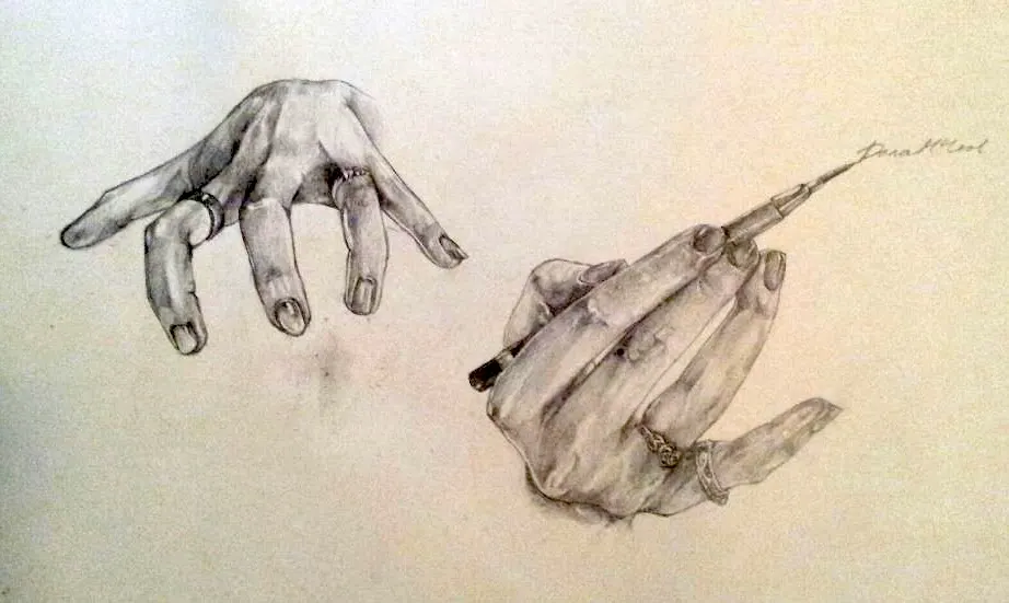A pencil study of two hands, one holding a pen